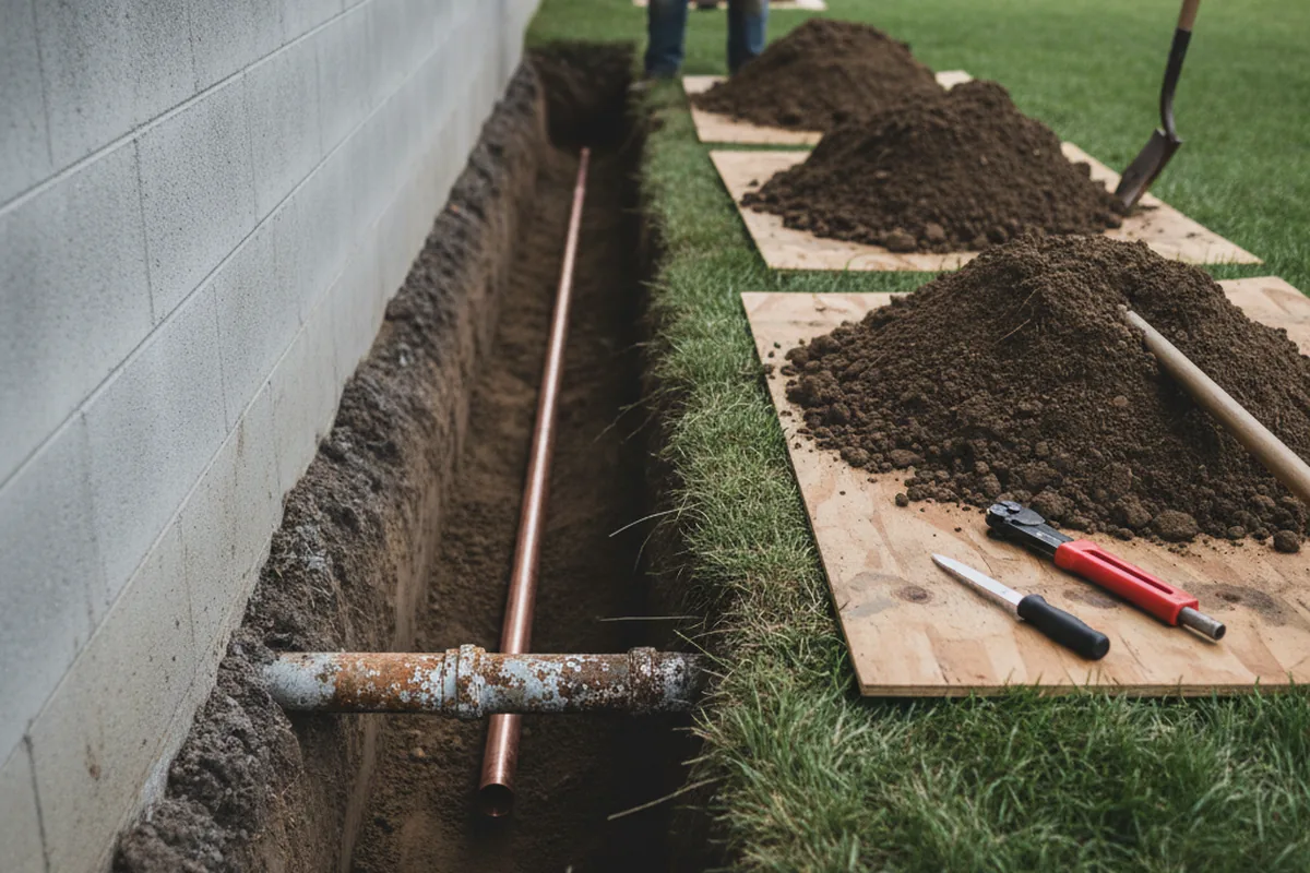 Excavated water line trench during Water Softener Installation in Junction